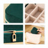 A green velvet jewellery organiser with a zip closure and compartments for storing items. Includes a light-coloured inner lining.