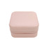 A pink PU leather jewellery box with a textured surface and a zipper closure. It has a simple, compact design.