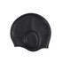 A black swimming cap with integrated earmuffs, featuring a sleek design and textured pattern.