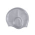 A grey swimming cap with integrated earmuffs, featuring a textured surface and a logo.