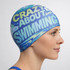 A full colour polyester swimming cap in blue featuring a vibrant design and a logo.