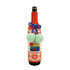 A drink bottle wrapped in a custom knitted sleeve featuring festive patterns, orange and white colours, and green pom-poms.