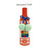 A drink bottle is wrapped in a knitted sleeve featuring orange and white patterns, with blue pom-poms and a logo.