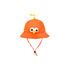 An orange propeller hat with mesh sides and a cute face featuring large eyes and a small yellow beak.