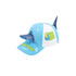 A blue and white cap featuring a shark fin design and a logo, decorated with water-themed graphics.