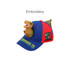 A blue and red cap featuring a dinosaur figure on top and embroidered designs on the front.