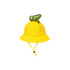 A bright yellow bucket hat featuring a green dinosaur plush on top and a adjustable chin strap.