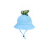 A light blue bucket hat with a mesh top and a green dinosaur toy on the crown, featuring an adjustable chin strap.