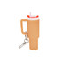 A drink bottle keyring in orange and white, featuring a handle, straw, and a silver clip for attachment.