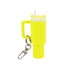 A bright yellow mini tumbler keyring featuring a straw and a clip for attachment. Includes a handle and a branding logo.