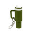 A drink bottle keyring in olive green with a white lid and removable straw, featuring a metal clip for attachment.