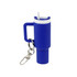A mini tumbler keyring in blue with a white lid and straw, featuring a metal keyring attachment.