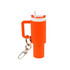 An orange mini tumbler keyring with a straw and a keychain attachment. It features a small handle and a branding logo.