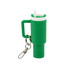 A green mini tumbler keyring with a straw and a keychain attachment, featuring a handle and a white lid.