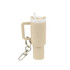 A drink bottle keyring in beige, featuring a straw and a handle, with a keychain attachment.