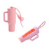 A pink lip balm holder keychain with a handle and a carabiner, featuring a clear window for visibility.