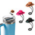 A drink bottle with a grey lid alongside four silicone straw covers in brown, pink, and black hat designs.