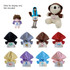 A collection of plush dolls and hoodies in various colours, featuring a range of designs and a logo on some items.