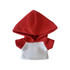 A red and white raglan hoodie designed for a plush doll, featuring a large hood.