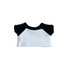 A plush doll raglan t-shirt in white with black sleeves, featuring a rounded neck and short sleeves.