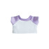 A plush doll raglan T-shirt in white with light purple sleeves and collar, featuring a logo.