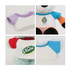 Plush doll raglan t-shirts in purple, red, and light blue, featuring various logos on white fabric.