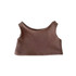 A brown plush doll tank top featuring a simple sleeveless design and sewn edges. It also has a logo.