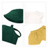 A green hat, white top, green apron, and yellow shorts for 15–17cm dolls. Contains a logo on one piece.
