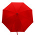 A red umbrella with a smooth canopy and a black handle, featuring a logo.