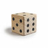 A wooden yard dice set featuring large, polished cubes with black dots on a natural wood finish.