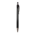 A black metal pen with a sleek design and a clip, featuring a silver tip. It has a logo on the barrel.