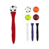 A red fidget spinner pen with a soccer ball top and four interchangeable sports balls: orange, tennis, purple, and black.
