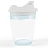 A reusable coffee cup with a clear body and a white snap lid. The cup features a blank white sleeve for customization.