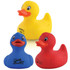 Three rubber bath ducks in yellow, blue, and red colors, featuring promotional logos on the blue and red ducks.