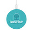 A round turquoise bamboo wireless charger featuring a logo and a white charging cable.