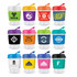 A collection of reusable coffee cups in various colors with silicone bands and a logo on each cup.