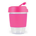 A drink bottle featuring a clear base with a vibrant pink silicone band and lid. It has a secure sipping spout.