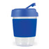 A drink cup with a clear body and blue silicone band and lid, featuring a pop-up spout.