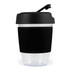 A drink cup with a clear base and a black silicone band, topped with a black lid. It features a logo.