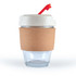 A reusable coffee cup featuring a cork band and a red straw lid, designed for eco-friendly drinkware.