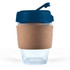 A reusable coffee cup featuring a clear body, a navy blue lid, and a cork band for insulation.