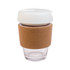 A reusable coffee cup featuring a cork band and a white lid, made of clear glass.