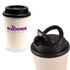 A reusable coffee cup in a cream colour with a black lid and handle. It features a logo.