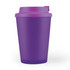 A reusable coffee cup in a vibrant purple color featuring a matching comfort lid.