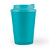 A reusable coffee cup in a vibrant turquoise color, featuring a comfort lid designed for easy drinking.