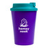 A reusable coffee cup with a purple body and a teal comfort lid, featuring the logo "homey nook" on the front.