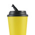 A drinkware item featuring a yellow coffee cup with a black handle lid.