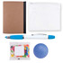 A notebook with a brown cover, a clear zip pouch, a blue pen, a pack of colorful jelly beans, and a blue stress ball.