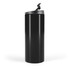 A travel mug in a sleek black design with a flip-top lid.