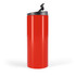 A travel mug featuring a sleek, red design with a black lid and a flip-top opening.